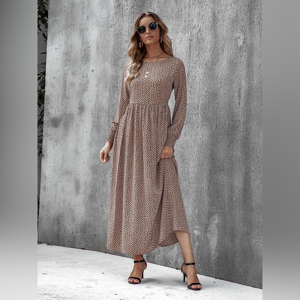Pink Dalmatian Print Shirred Cuff Maxi Dress